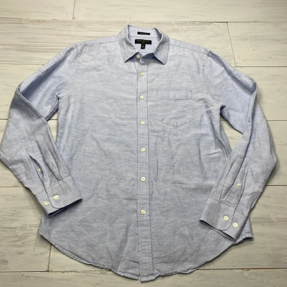 Banana Republic Shirt Mens M Blue Linen Cotton Slim Fit Long Sleeve Casual Work